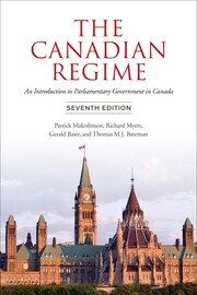 Cover of The Canadian Regime, red text over a photograph of the Parliament buildings